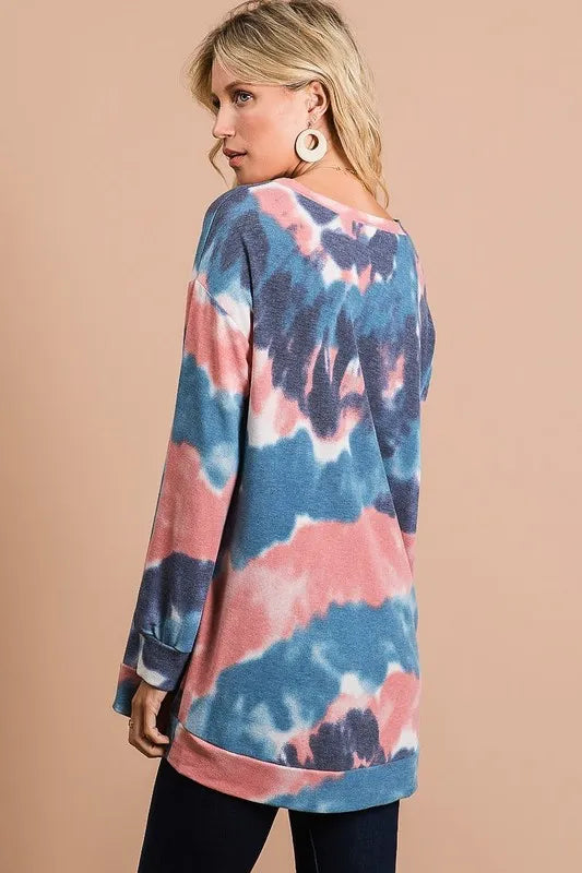BiBi Tie Dye French Terry Pull Over with Front Stitching Detail OutfitFlow