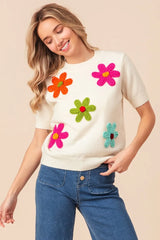 BiBi Crochet Flower Patch Sweater Top OutfitFlow