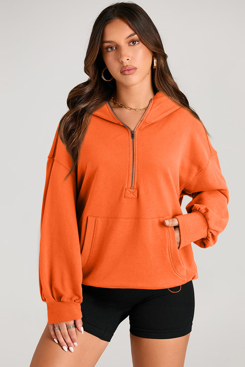 Outfit Flow - Pocketed Half Zip Long Sleeve Hoodie