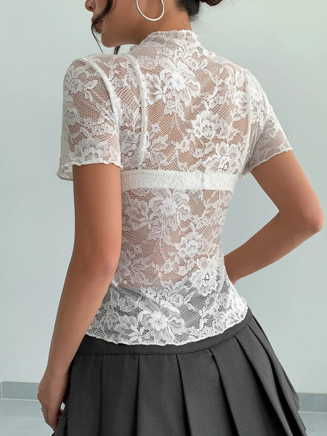 Lace Mock Neck Short Sleeve Top OutfitFlow