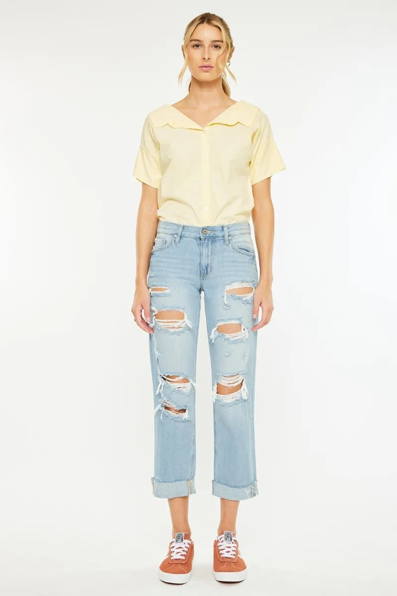 Kancan Mid Rise Distressed Boyfriend Jeans OutfitFlow