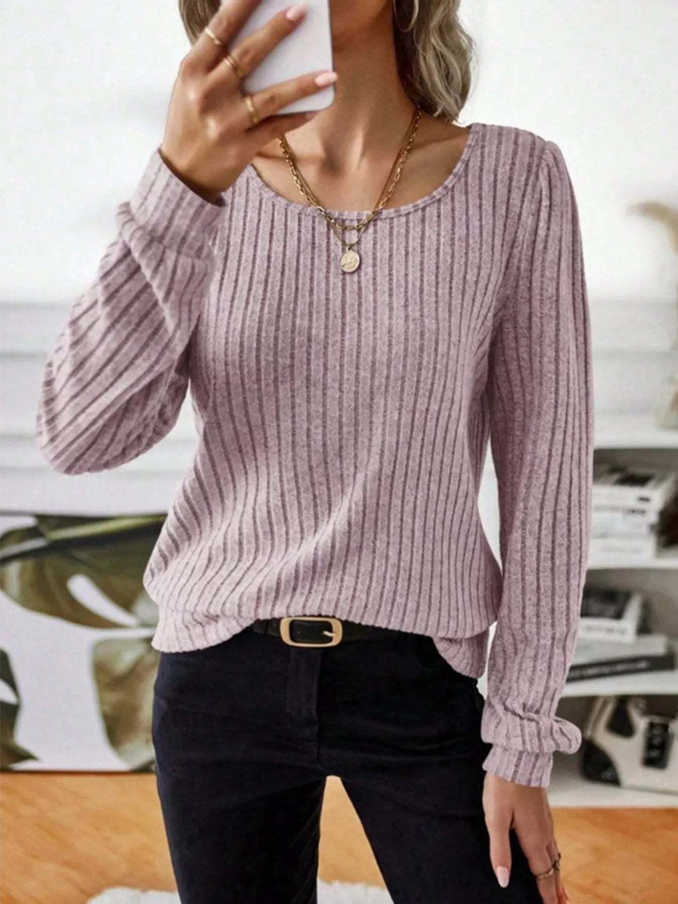 Ribbed Knit Long Sleeve T-Shirt OutfitFlow