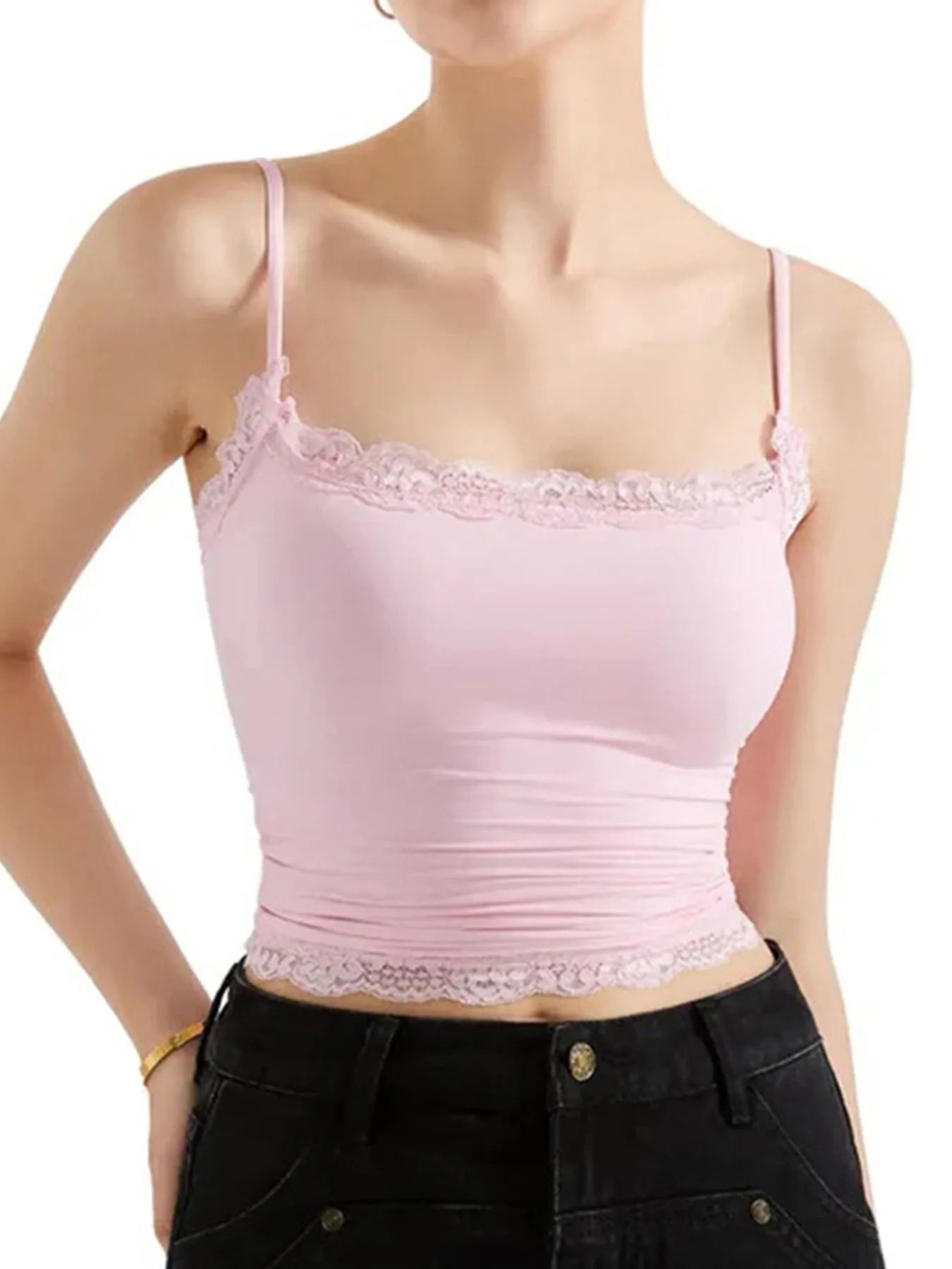 Lace Trim Cami Top Pink OutfitFlow