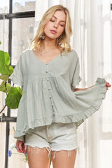 ADORA Button Down Ruffled Babydoll Blouse OutfitFlow