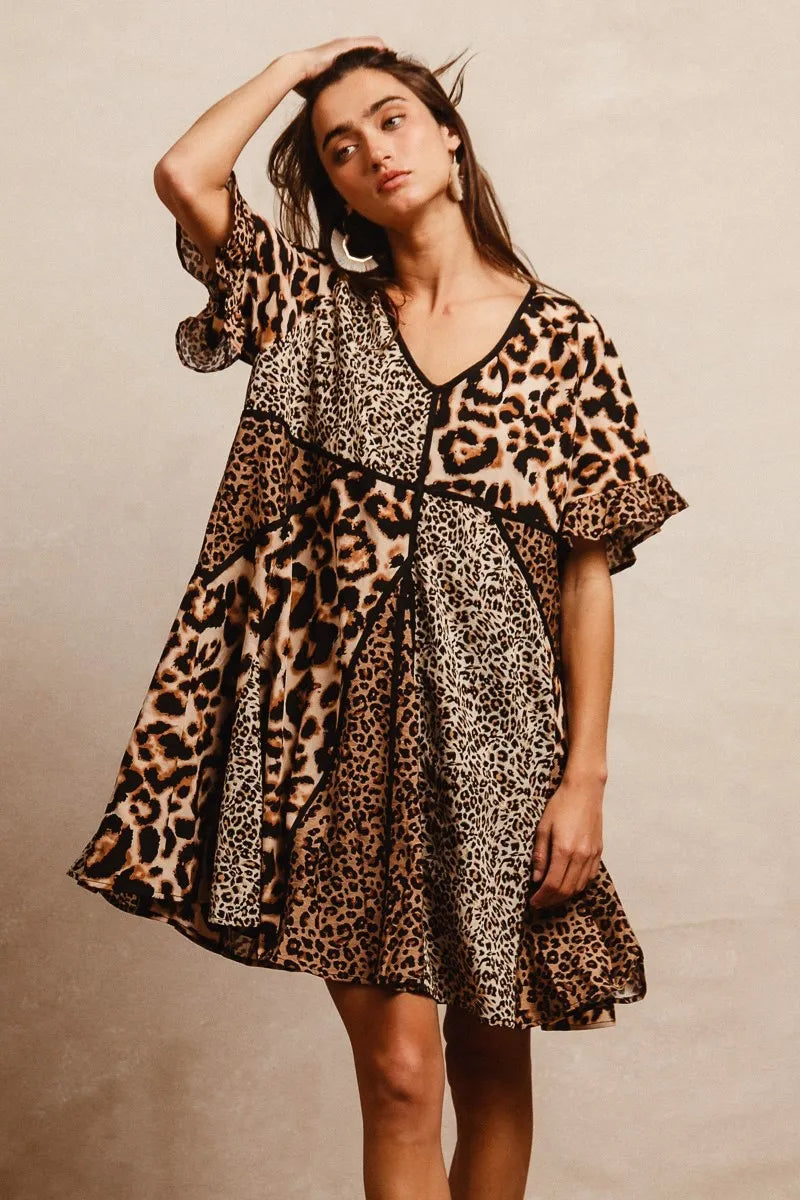BiBi Leopard Prints Mix and Match Short Sleeves Dress OutfitFlow