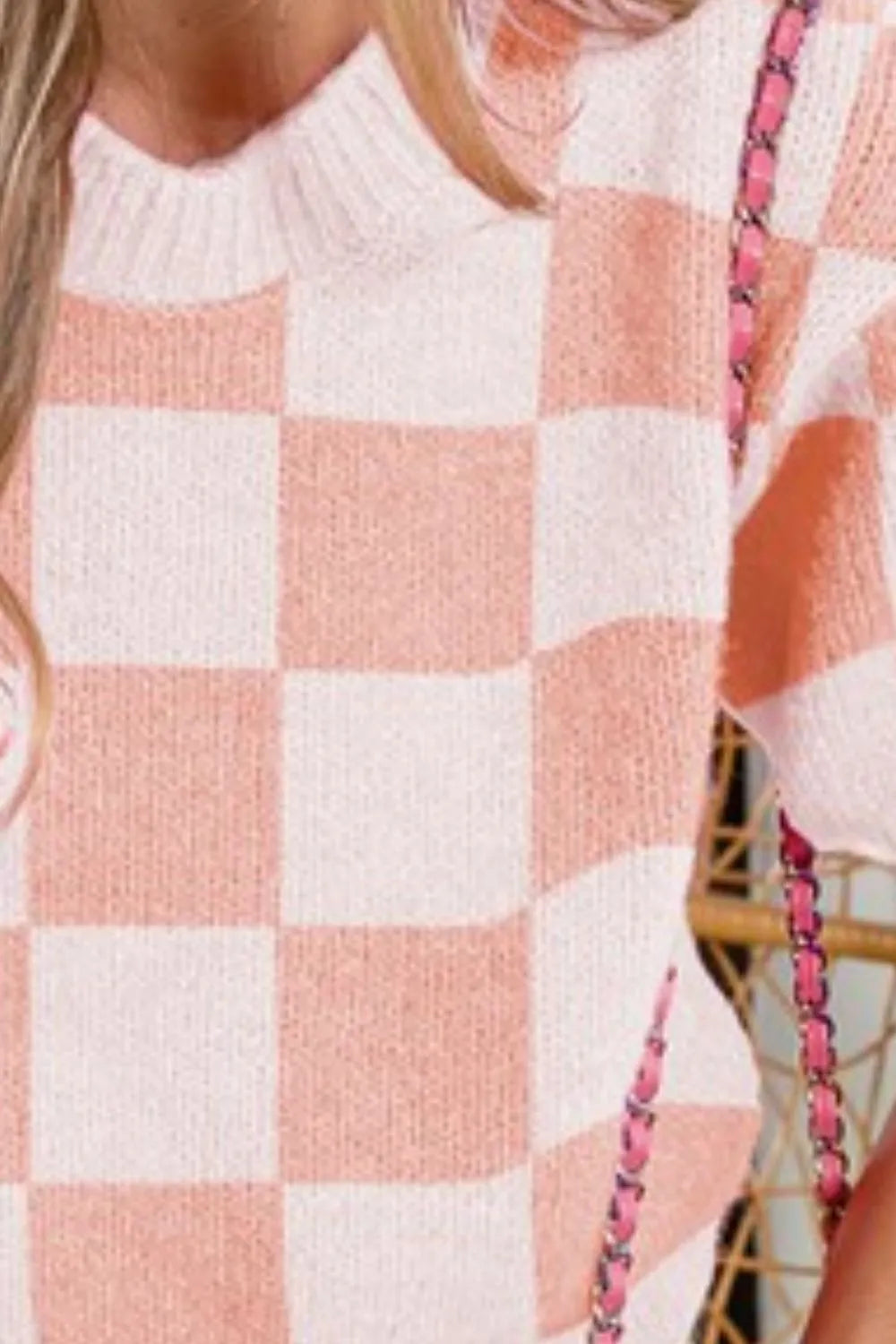 BiBi Check Pattern Short Puff Sleeve Sweater Top OutfitFlow