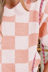 BiBi Check Pattern Short Puff Sleeve Sweater Top OutfitFlow