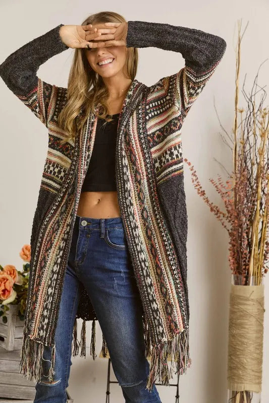 ADORA Full Size Fringe Hem Aztec Cardigan Plus Size OutfitFlow