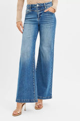 RISEN High Rise Wide Leg Jenas with Front Yoke and Heart Back Pocket OutfitFlow