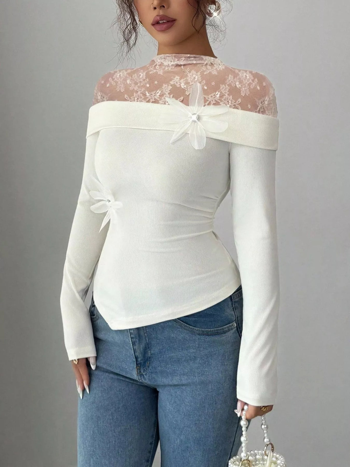 Lace Detail Long Sleeve Top White OutfitFlow