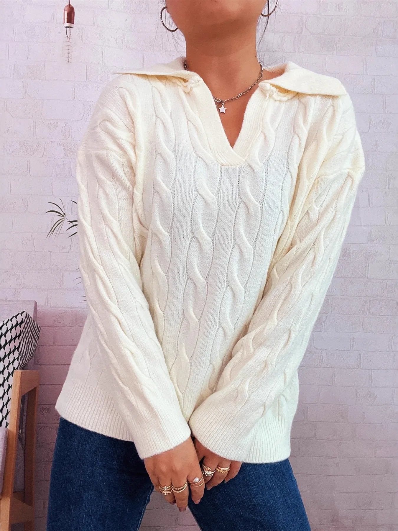 Cable Knit Johnny Collar Sweater Trendsi