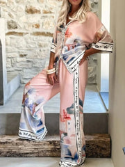 Printed Button Up Top and Pants Set OutfitFlow