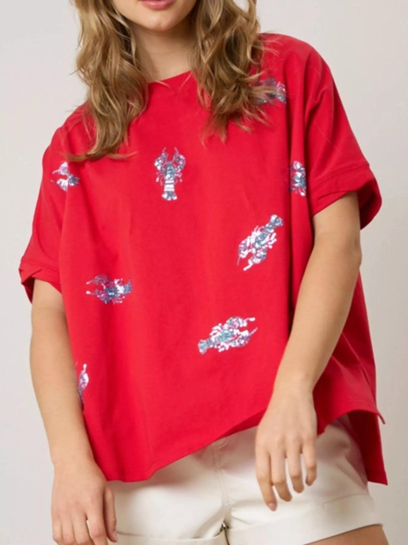 Sequin Lobster Round Neck T-Shirt Red OutfitFlow