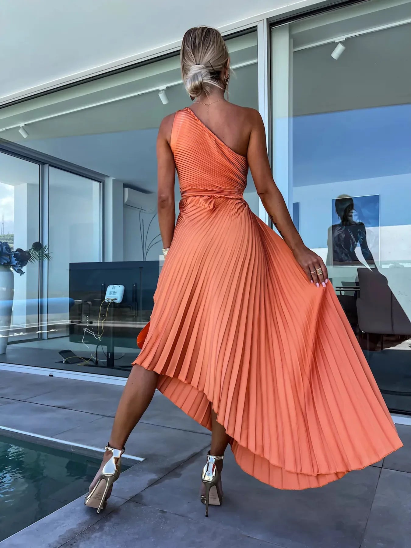 Full Size Single Shoulder Pleated Midi Dress Plus Size OutfitFlow