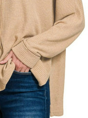 Zenana Ribbed Center Seam Dolman Sleeve Hi Low Sweater OutfitFlow