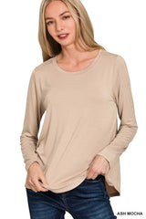 Zenana Flowy Round Hem Rayon Long Sleeve Top ASH MOCHA Trendsi