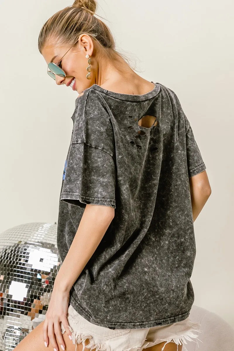 BiBi Laser Cut Mineral Washed Old Glory Lip Print Top OutfitFlow
