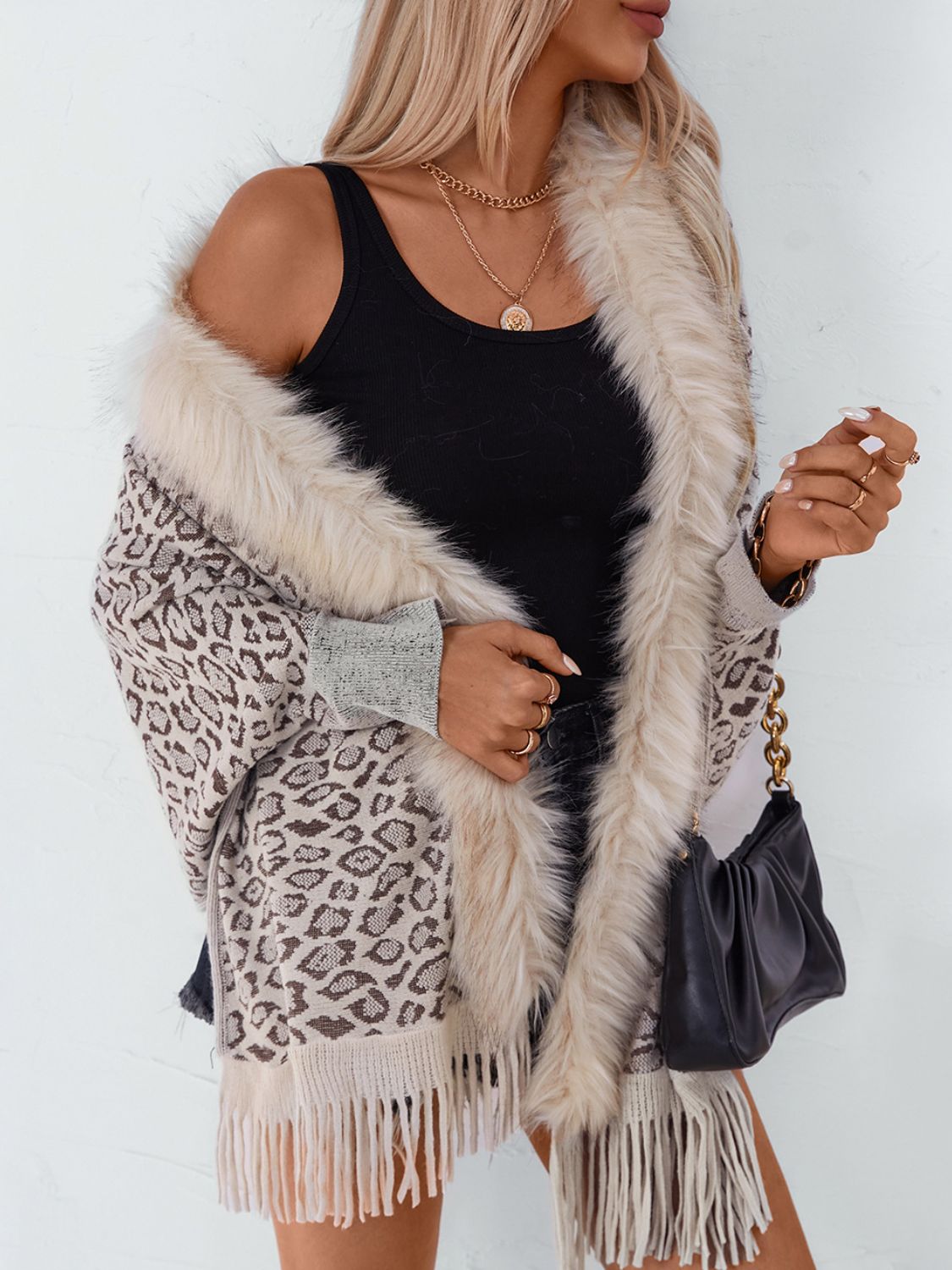 Outfit Flow - Fringe Leopard Open Front Long Sleeve Poncho