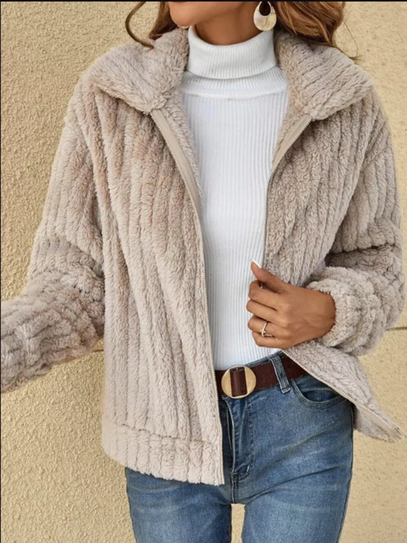 Full Size Zip-Up Long Sleeve Texture Jacket Plus Size Apricot OutfitFlow