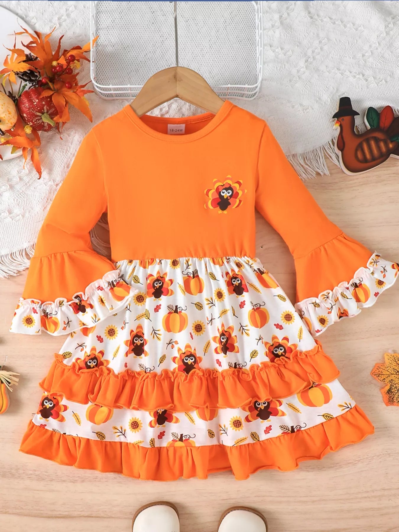 Children's Thanksgiving Turkey Ruffle Sleeve Dress Orange OutfitFlow