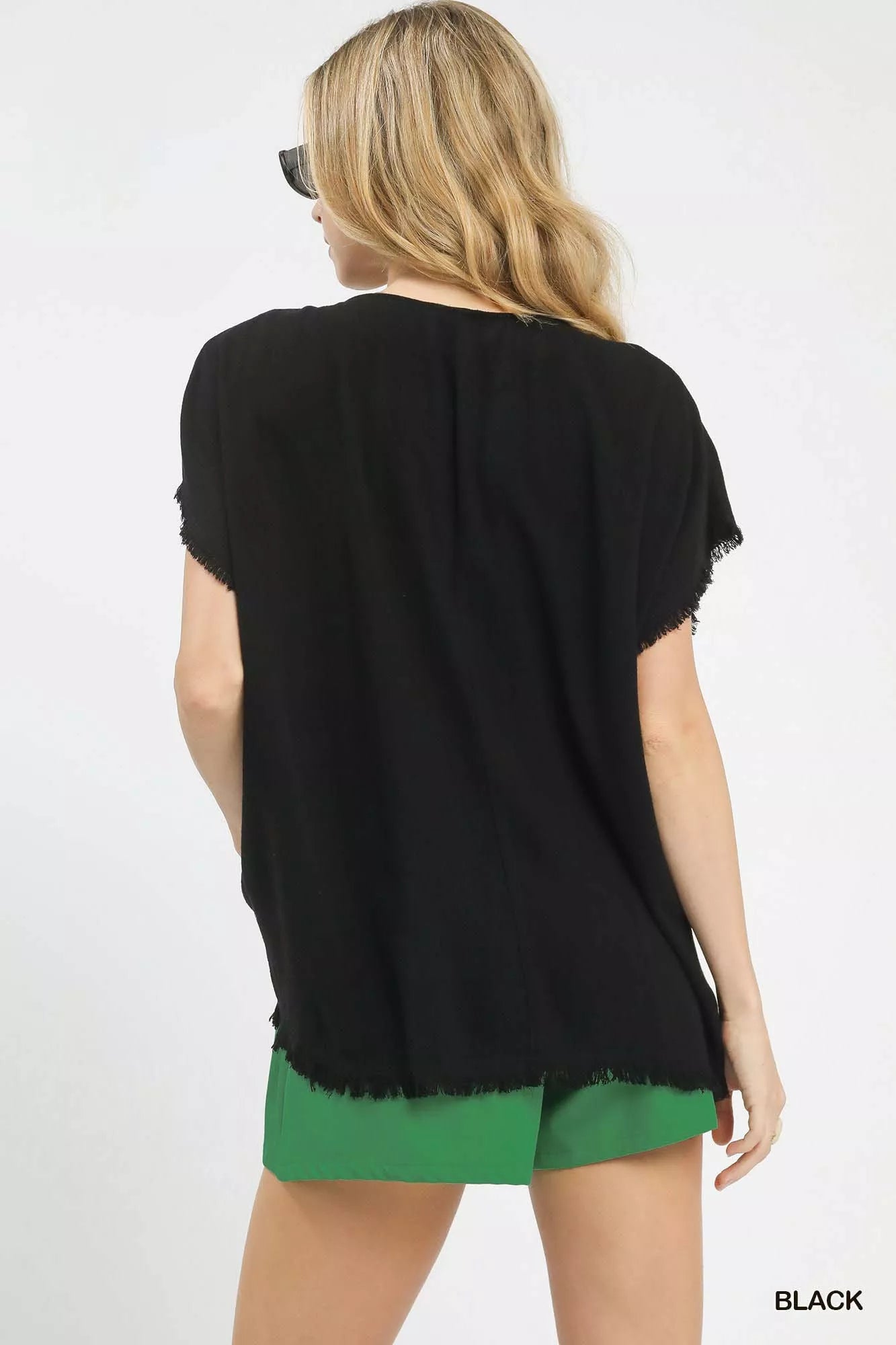 Umgee Linen Blend Embroidered Frayed Hem Top OutfitFlow