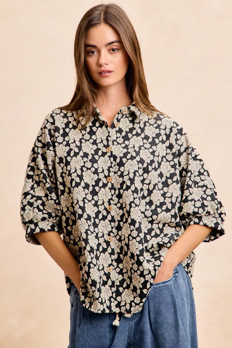 BiBi Floral Jacquard Short Dolman Sleeves Shirt BLACK LT GREY OutfitFlow