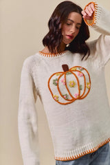 SO ME Pumpkin Floral Embroidered Thanksgiving Sweater OutfitFlow