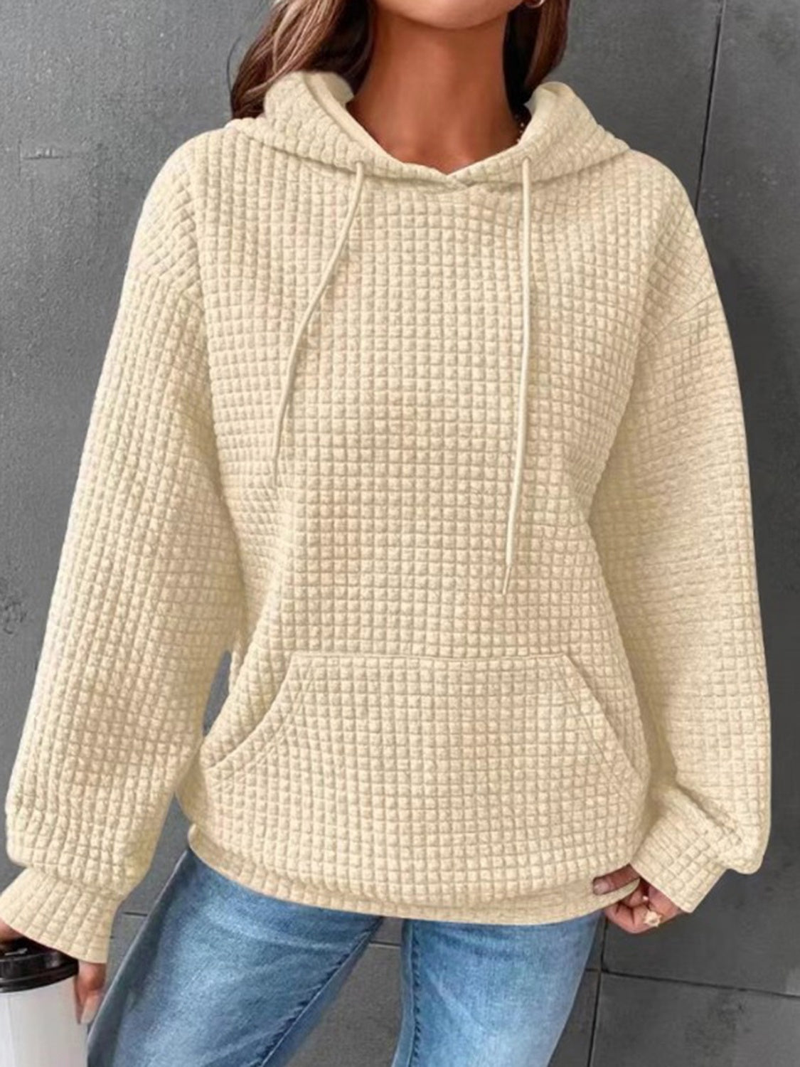 Outfit Flow - Textured Drawstring Drop Shoulder Hoodie