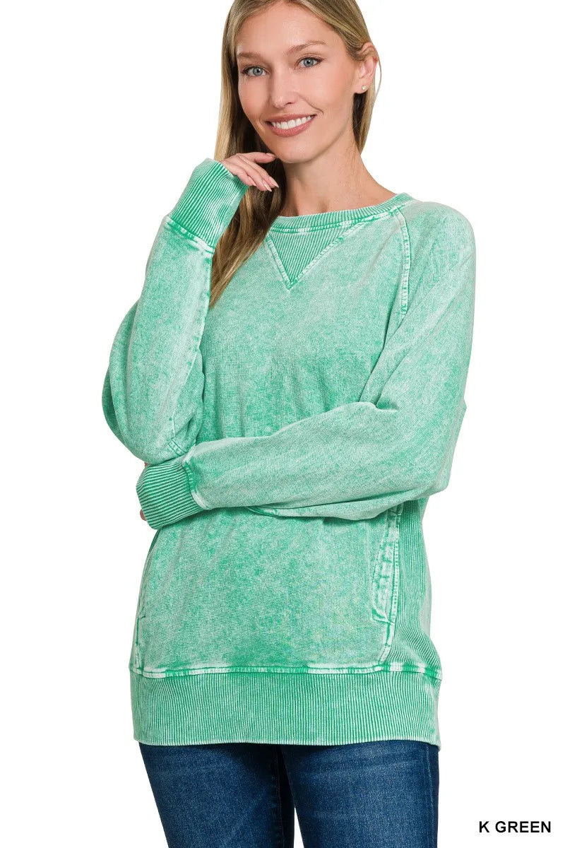 Zenana Halo Snow Washed French Terry Round Neck Sweatshirt Trendsi