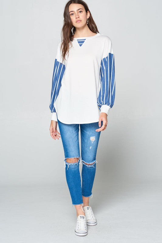 Outfit Flow - Super Lady Full Size French Terry Striped Long Sleeve Top