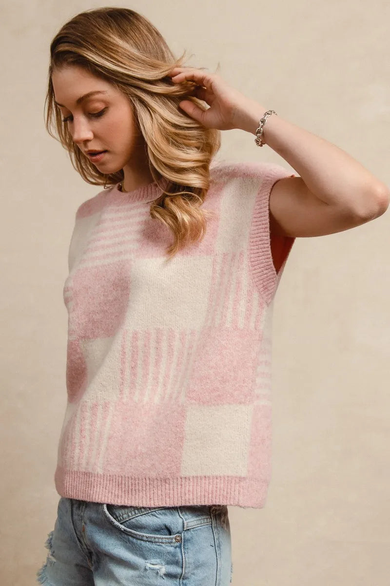 BiBi Checker With Stripes Pattern Sleeveless Sweater OutfitFlow