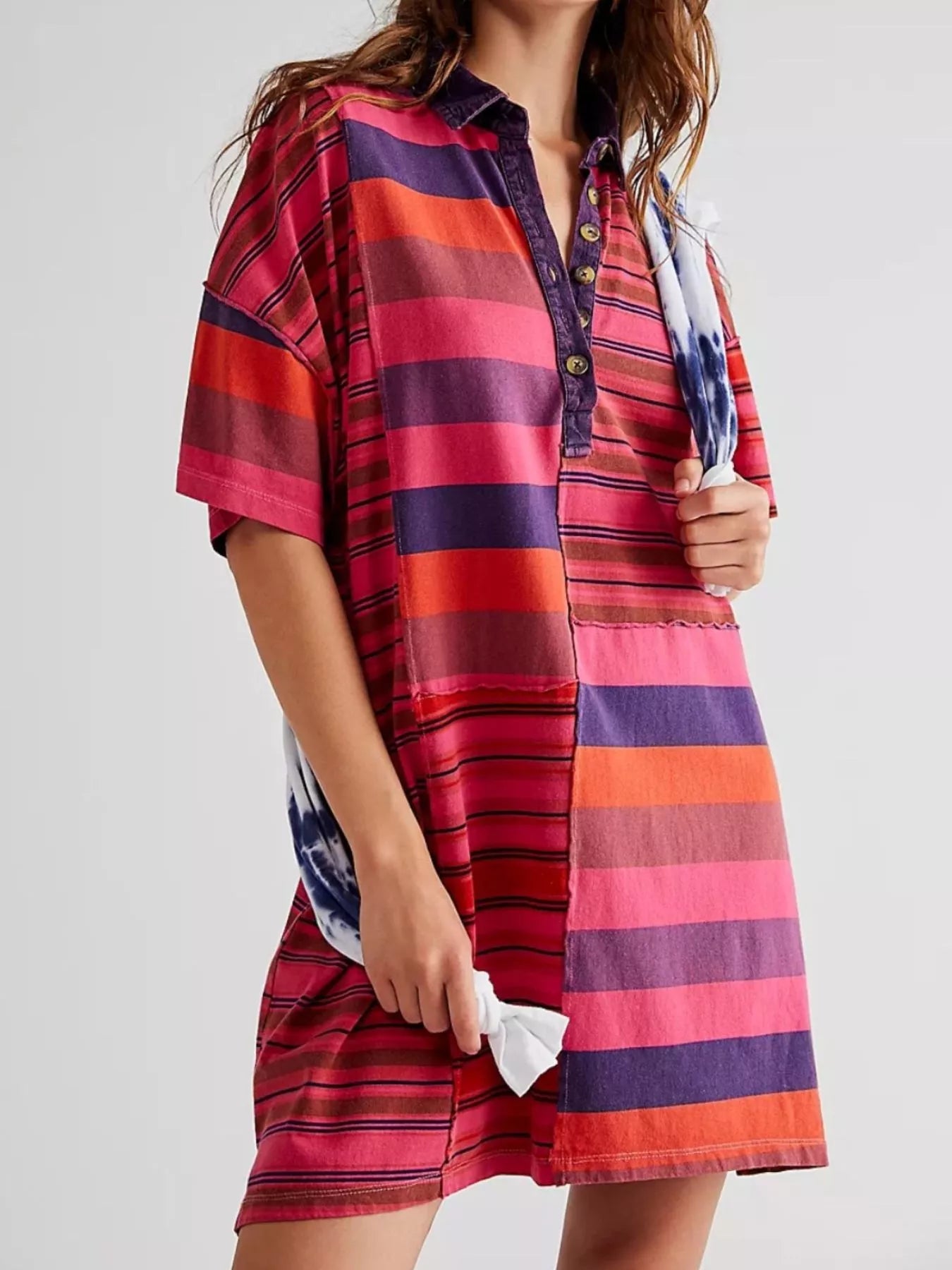 Striped Oversized Half Button Shirt Dress Rose Stripes OutfitFlow