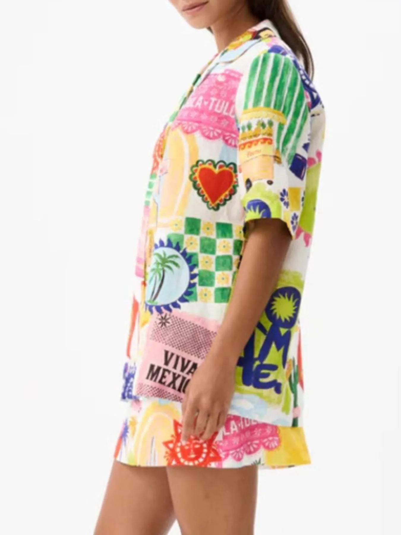 Printed Button Up Shirt and Skirt Set OutfitFlow