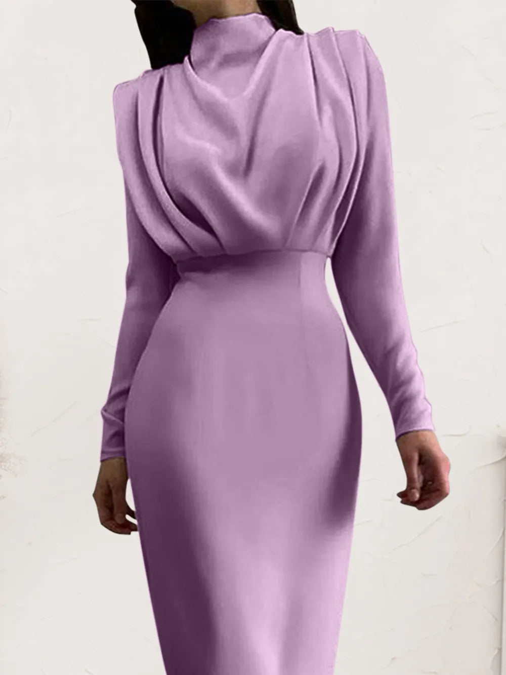 Ruched Turtleneck Long Sleeve Dress OutfitFlow