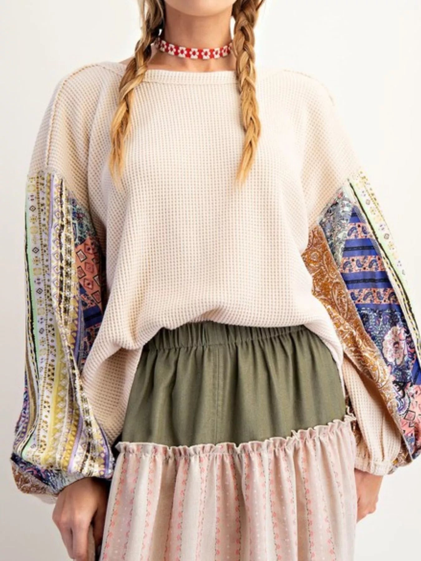 Waffle Knit Round Neck Dropped Shoulder Sweatshirt OutfitFlow