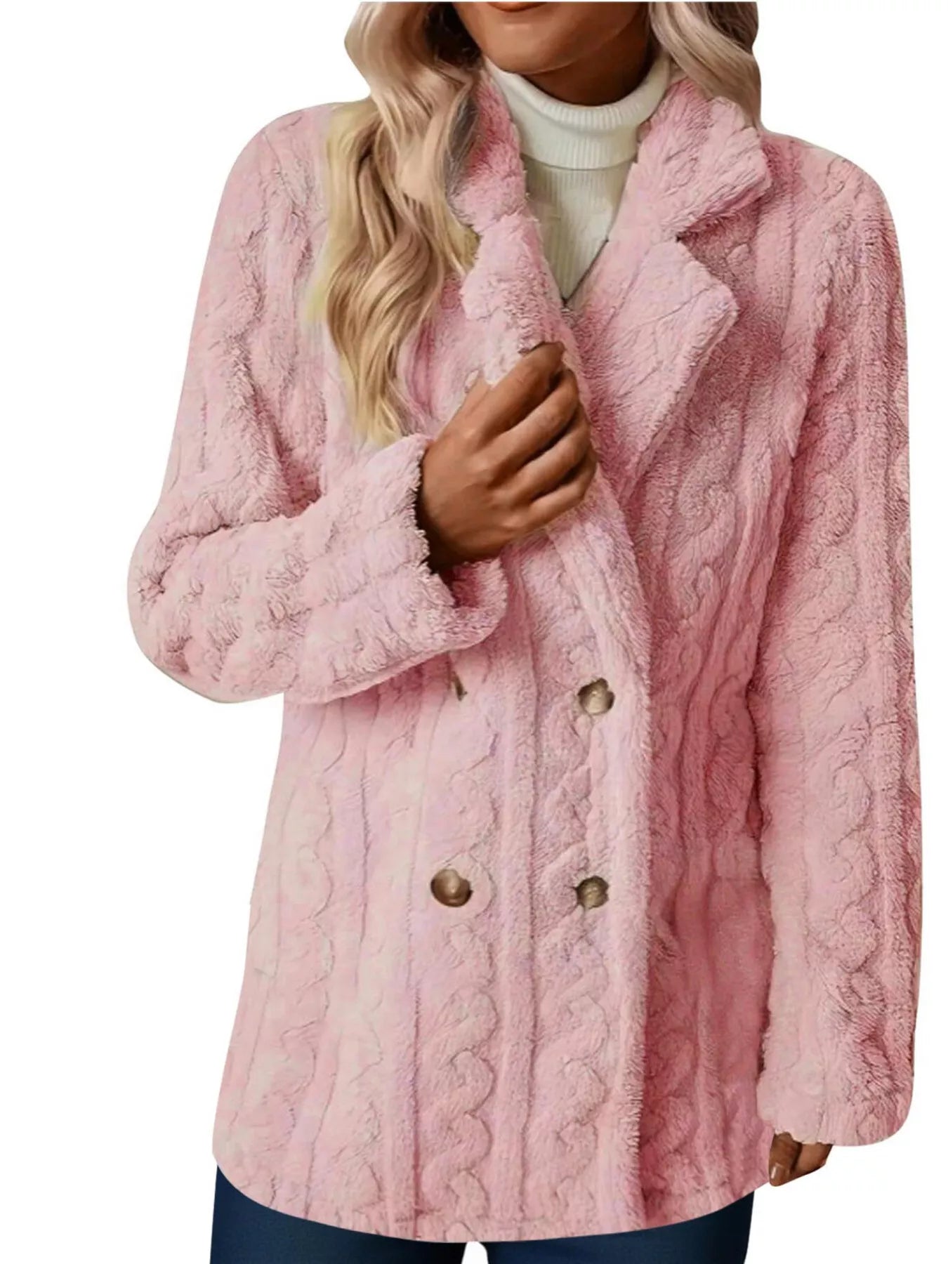 Double-Breasted Fleece Longline Coat Pink OutfitFlow