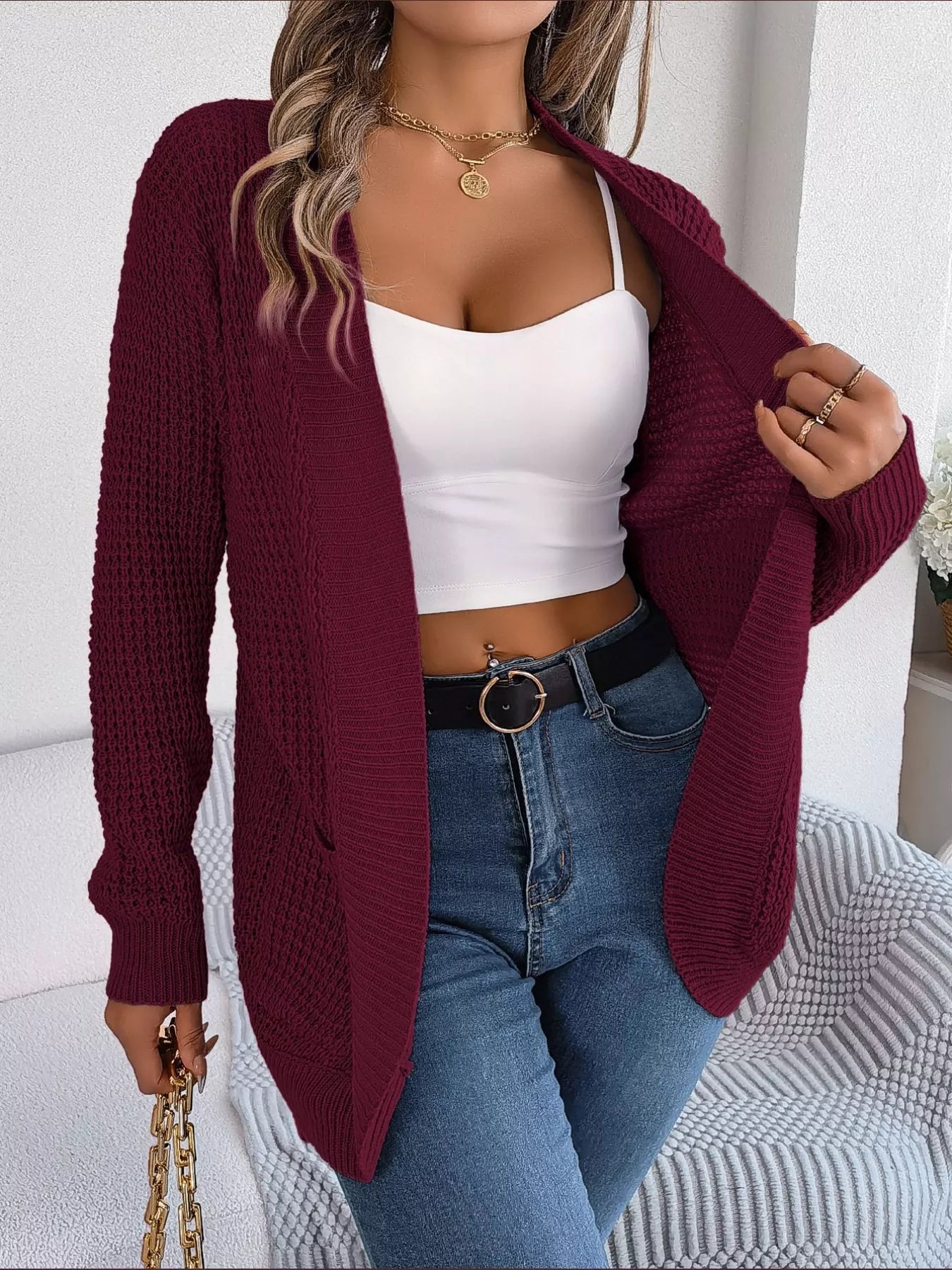 Chunky Knit Open Front Cardigan with Pockets OutfitFlow