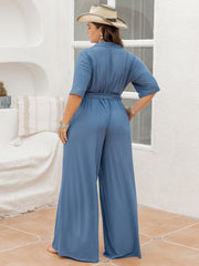 Outfit Flow - Plus Size Ribbed Half Button Tie-Waist Jumpsuit