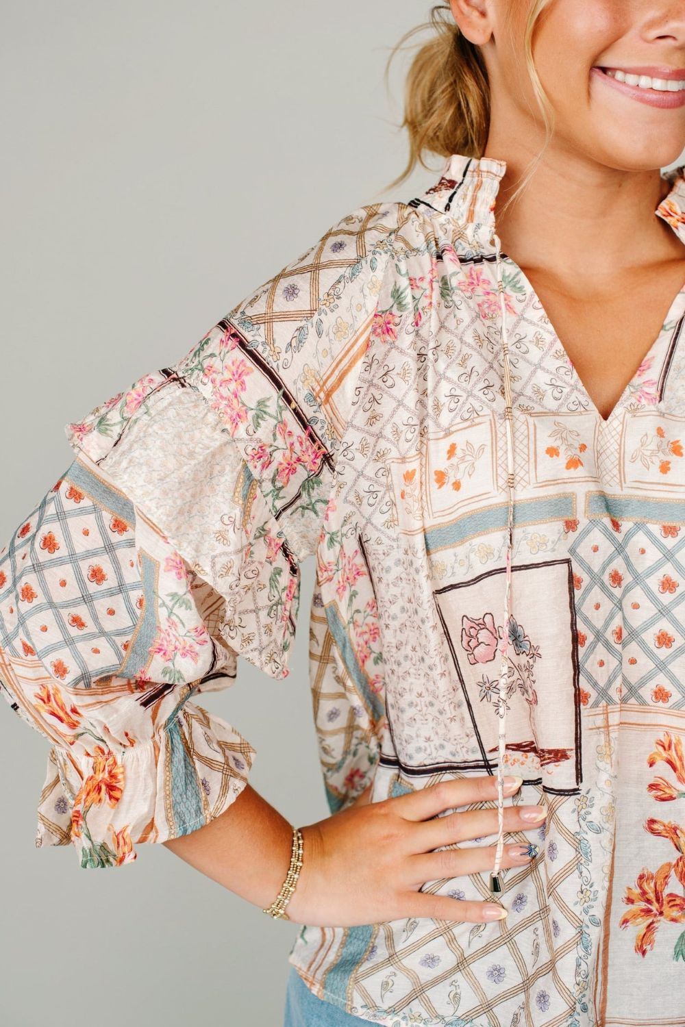 Outfit Flow - Ruffled Printed Tie Neck Three-Quarter Sleeve Blouse