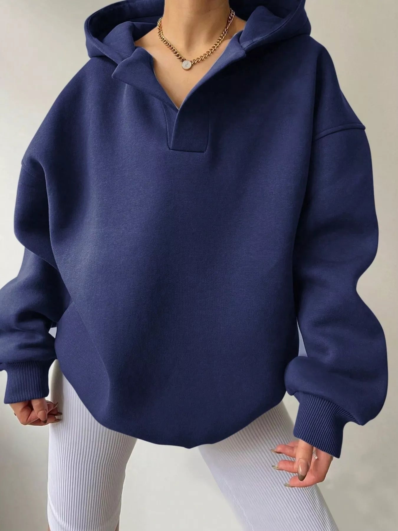 Dropped Shoulder Long Sleeve Sweatshirt Navy Blue OutfitFlow
