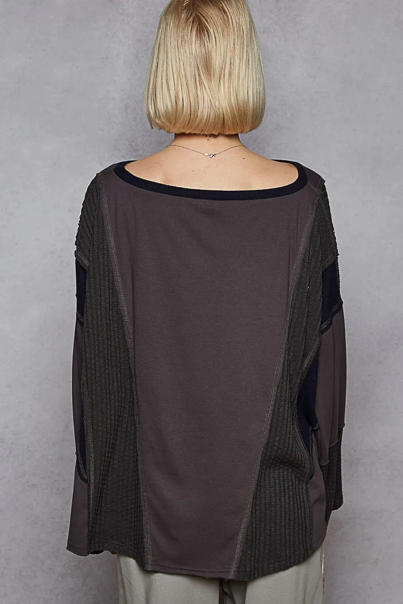 POL Contrast Round Neck Long Sleeve T-Shirt OutfitFlow
