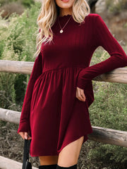 Frilled Neck Ribbed Knit Patchwork Long Sleeve Mini Dress OutfitFlow