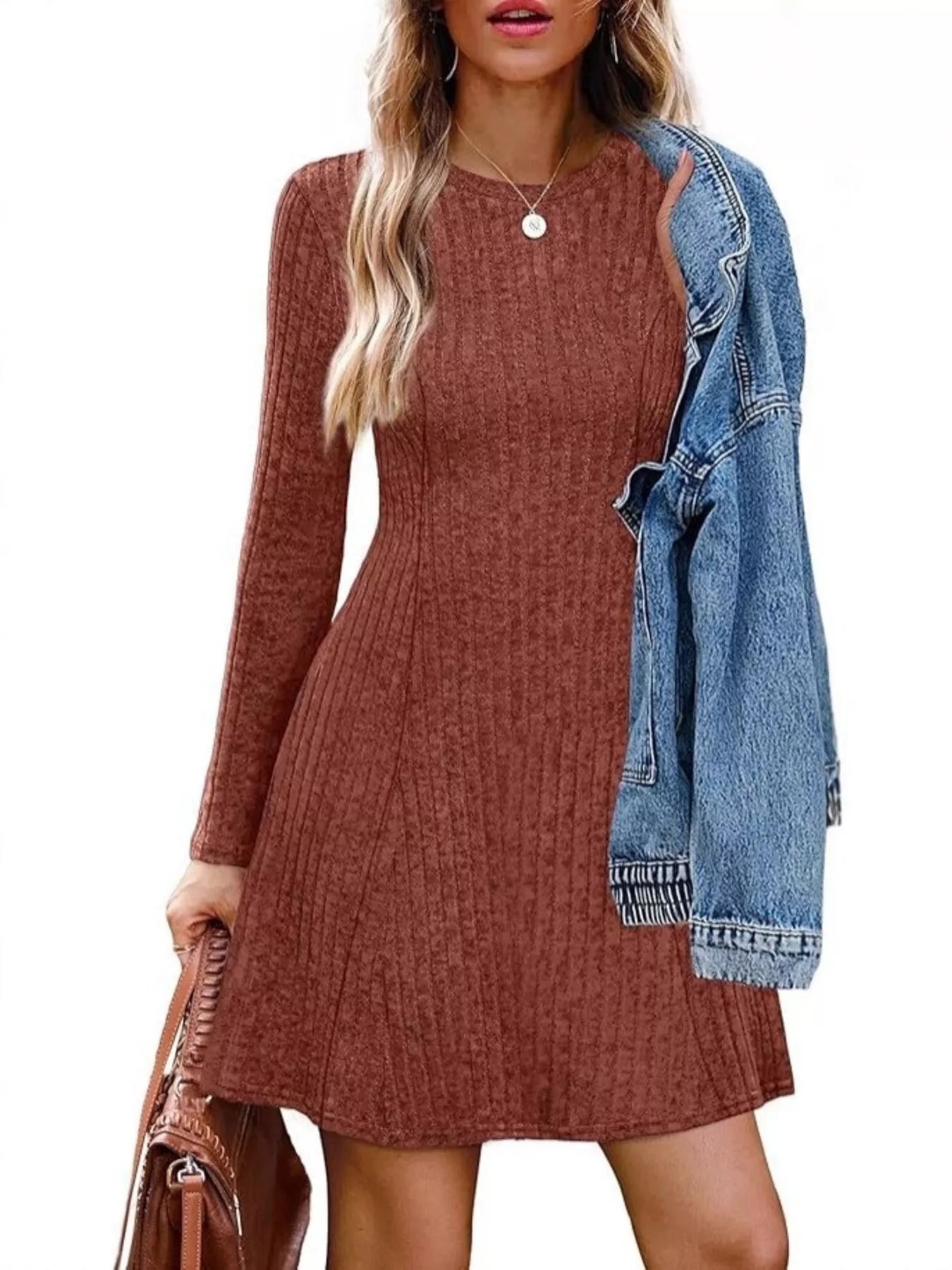 Ribbed Knit Long Sleeve A-Line Dress Burgundy Trendsi