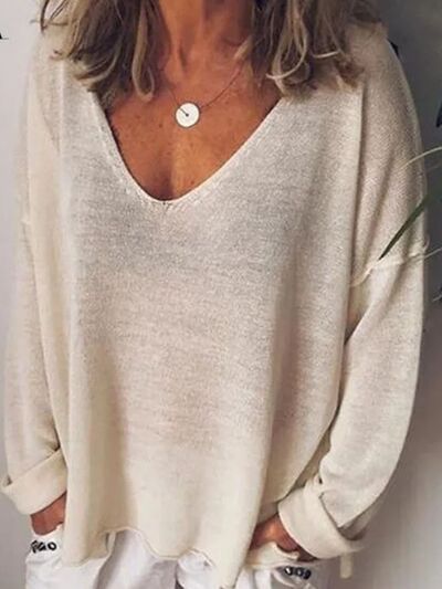 Full Size V-Neck Drop Shoulder Long Sleeve T-Shirt Plus Size Tan OutfitFlow