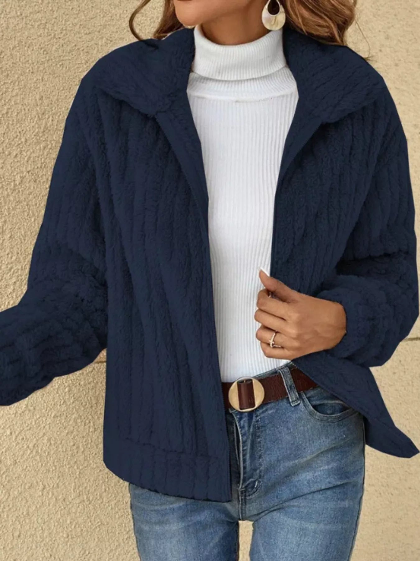 Full Size Zip-Up Long Sleeve Texture Jacket Plus Size Dark Blue OutfitFlow