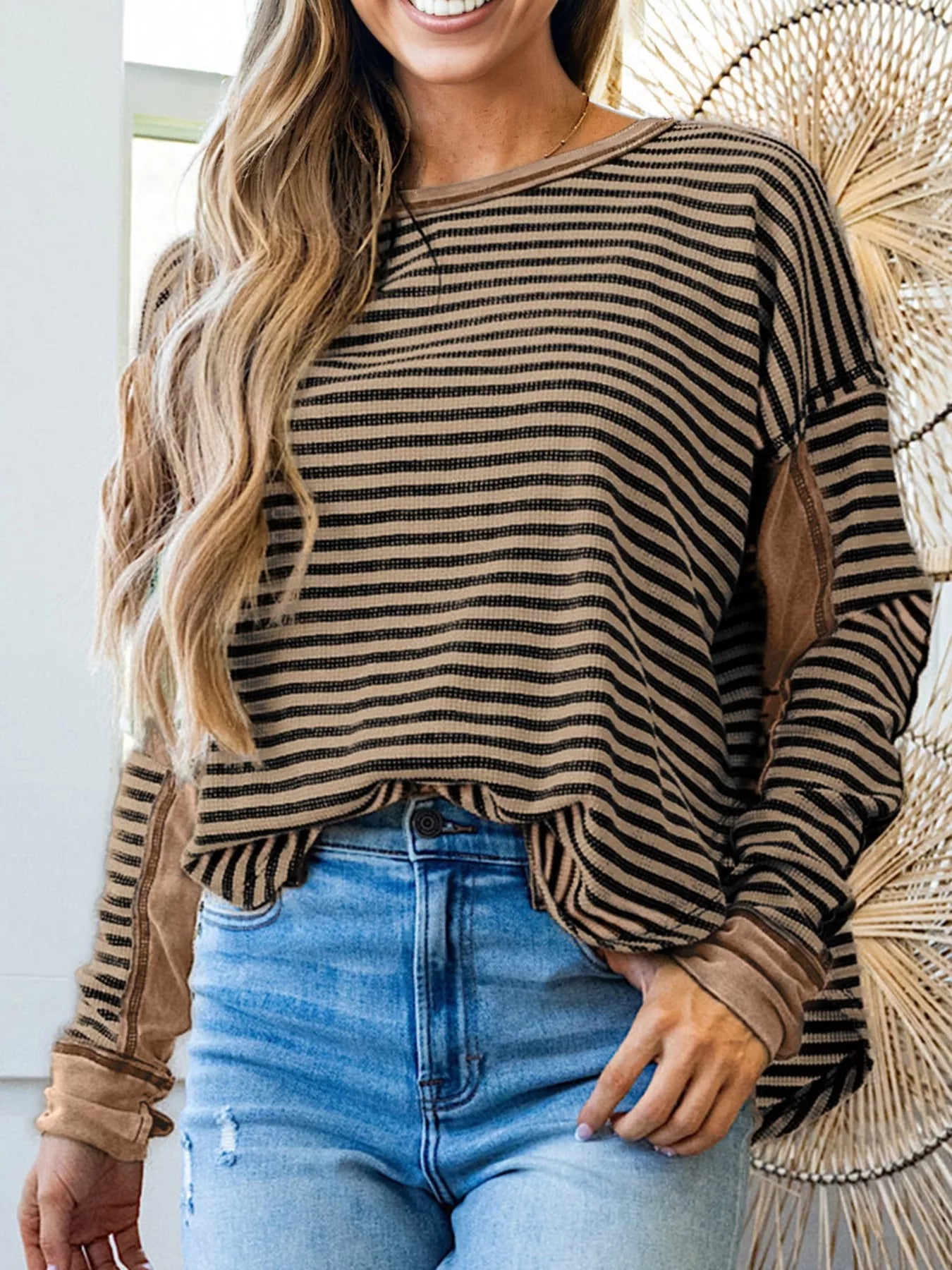 Stripe Thermal Knit Drop Shoulder Casual Top Taupe OutfitFlow