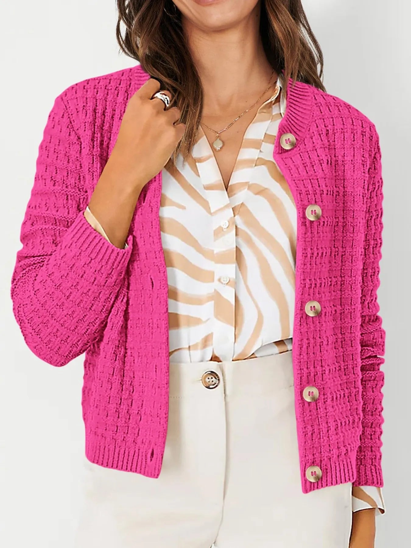 Textured Knit Button-Front Cardigan Rose Red OutfitFlow