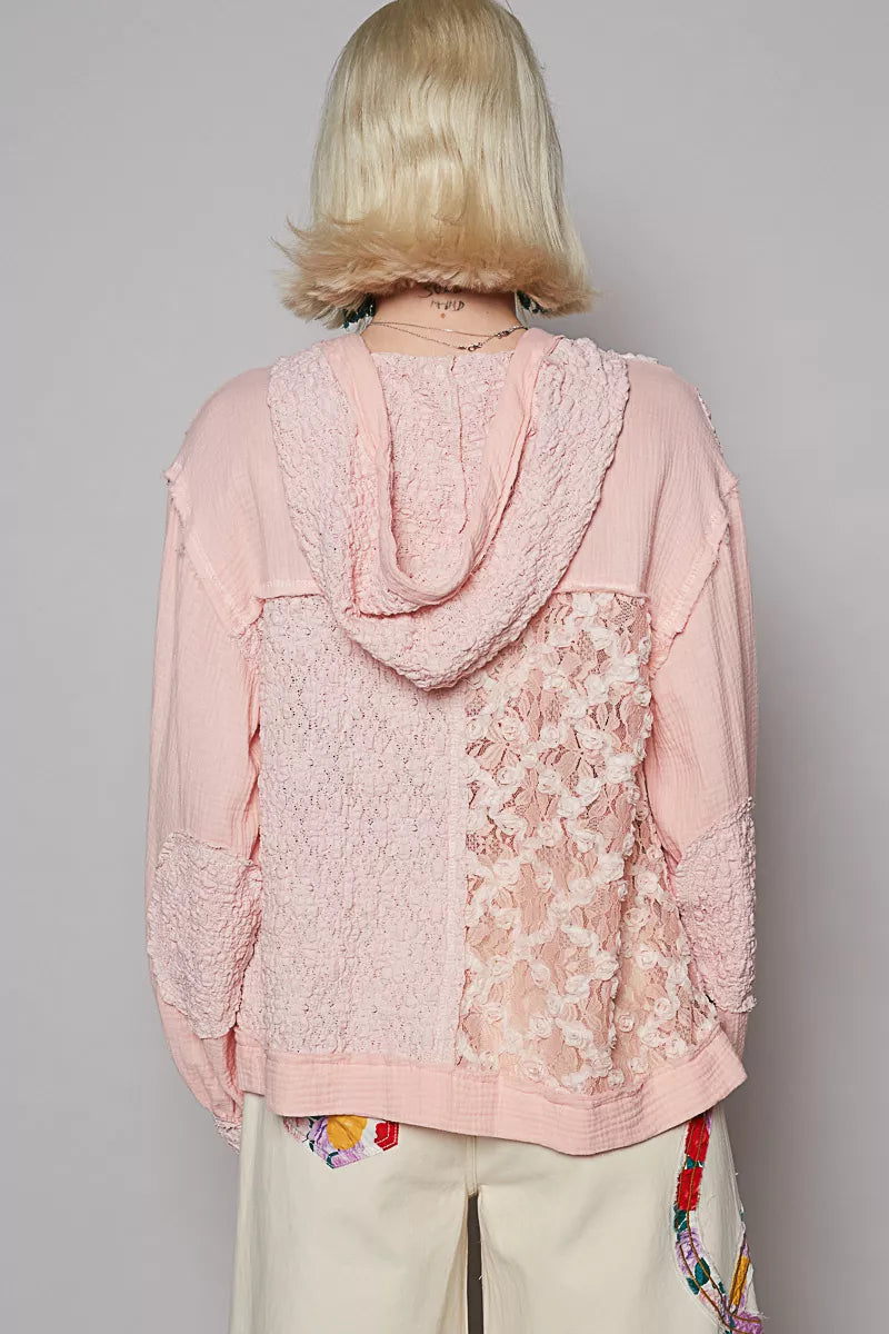 POL Exposed Seam Button Down Hooded Jacket with Lace Detail OutfitFlow