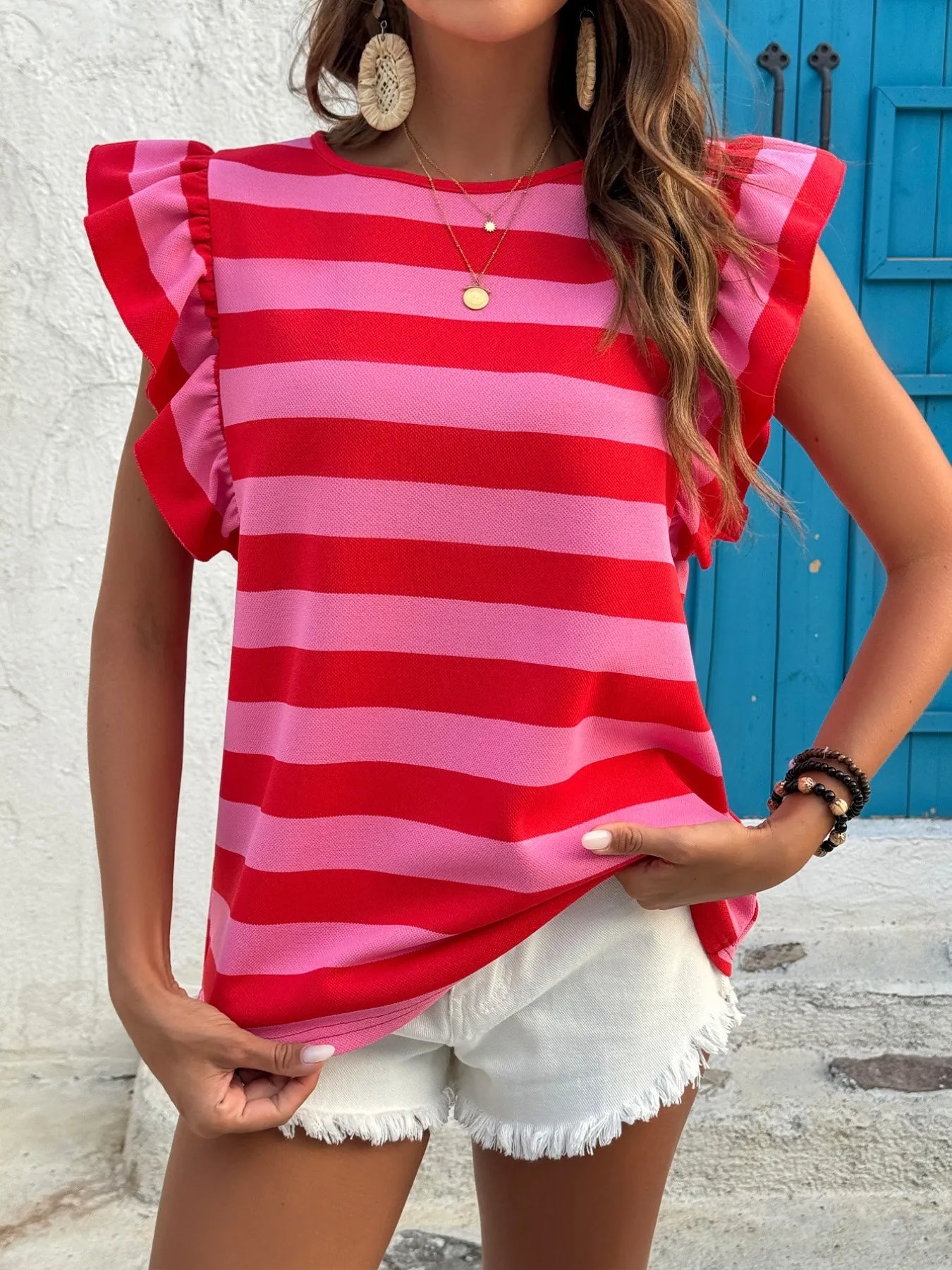 Contrast Striped Ruffle Sleeve T-Shirt OutfitFlow