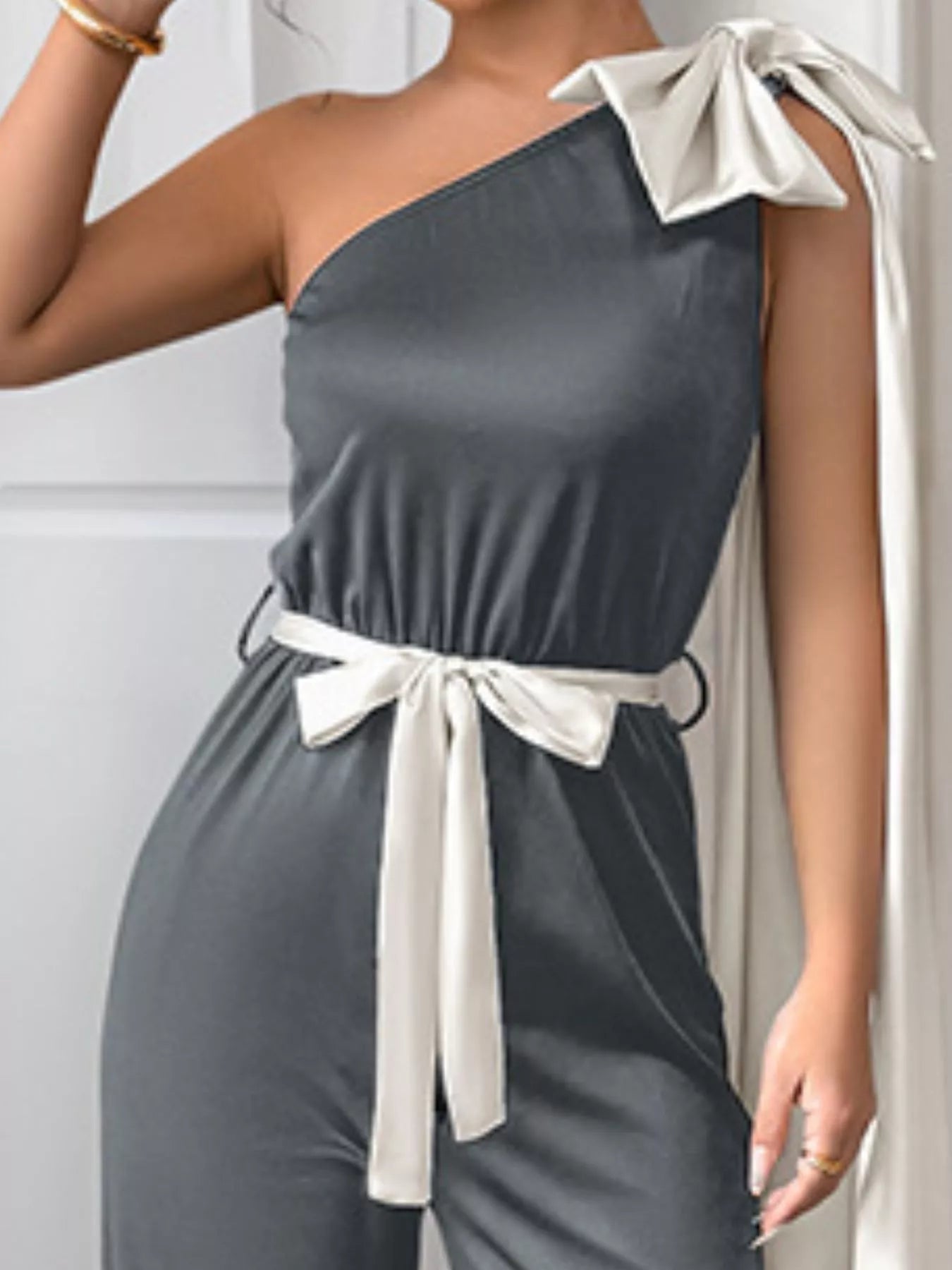 One-Shoulder Bowknot Wide Leg Jumpsuit OutfitFlow